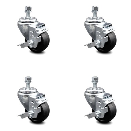 Service Caster 3 Inch Soft Rubber Wheel Swivel 1/2 Inch Threaded Stem Caster Set with Brake SCC SCC-TS20S314-SRS-TLB-121315-4